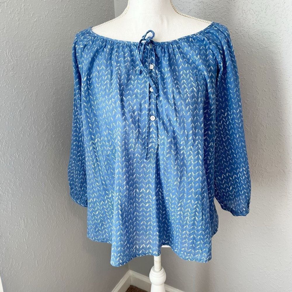 LOFT Blue and White Long Sleeve Lightweight 100% Cotton Tunic Blouse Size Medium